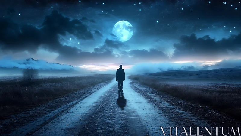 Solitary figure walking moonlit road under starry sky.