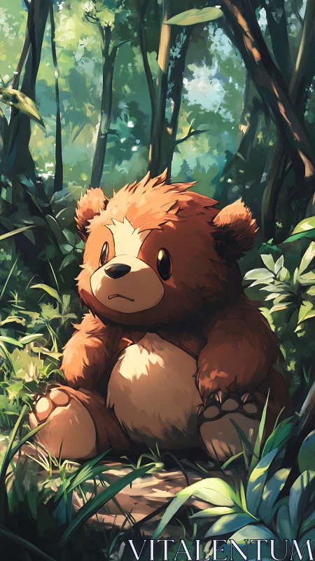 Digital painting of plush bear seated in luminous forest clearing.