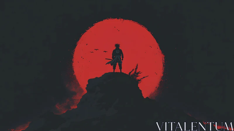 Anime silhouette against monumental red eclipse sun circle.