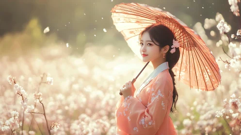 Radiant hanfu figure beneath parasol in bokeh spring bloom.