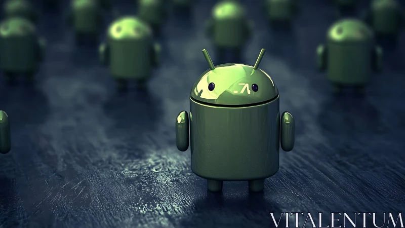 Glossy lone android mascot gleaming in a robot crowd.