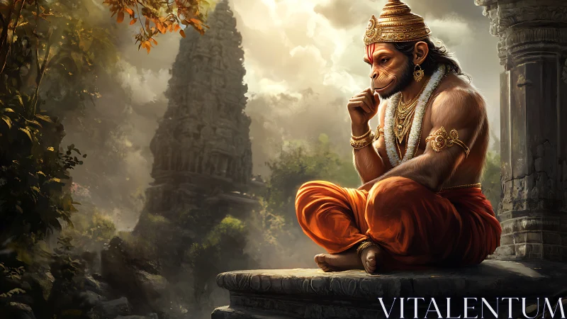 Contemplative monkey sage amid misty temple jungle hush.