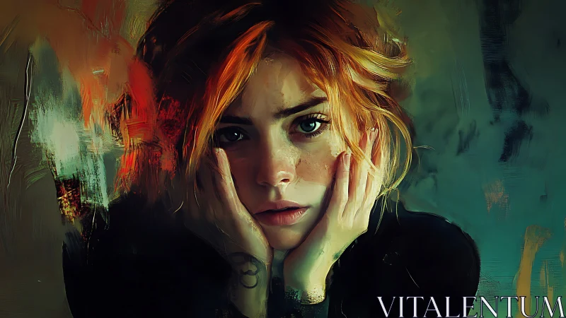 Brooding portrait of red‑haired woman in moody brushwork.