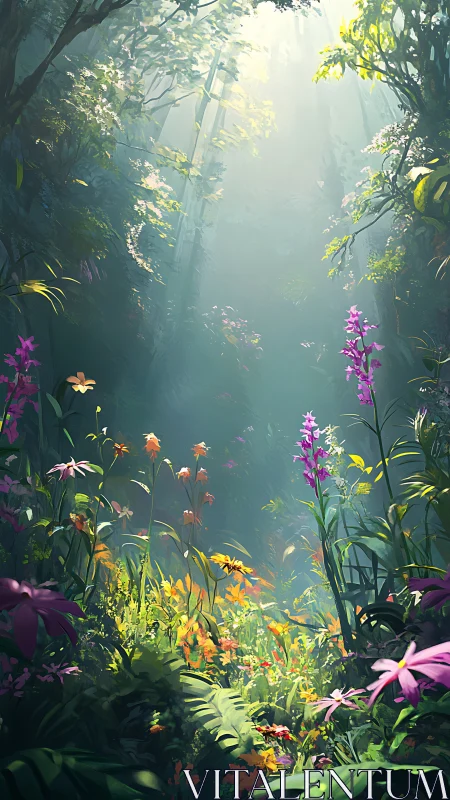 Lush sunlit jungle glade with wildflowers in volumetric haze