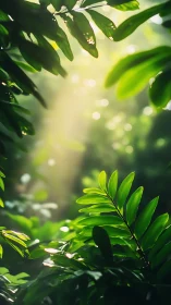 Sunlit green foliage with narrow depth of field in frame.