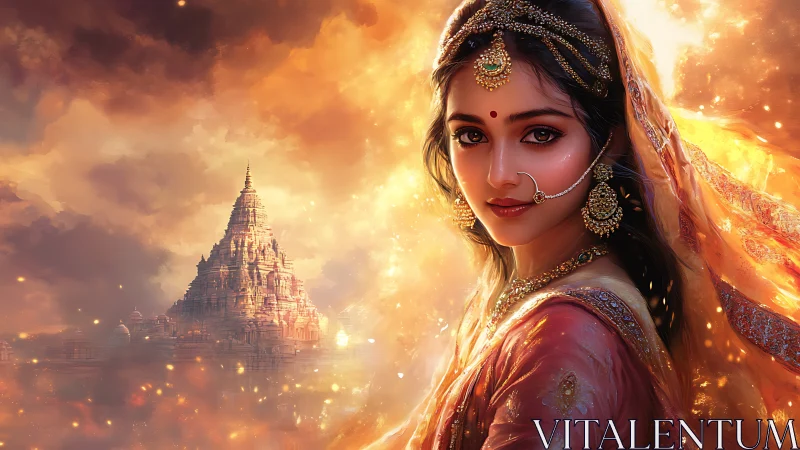 Mystical Indian bride glows before a celestial temple sunset
