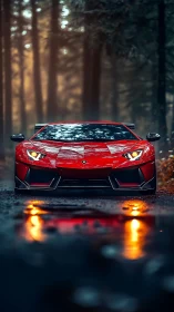 Scarlet supercar waits boldly on a misty forest roadway