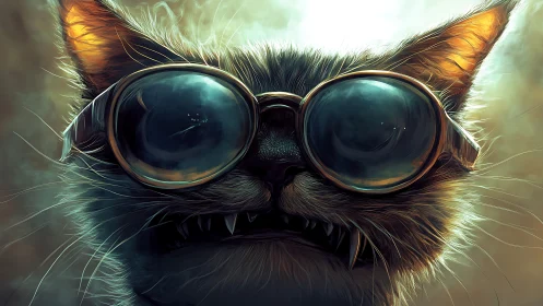 Steampunk Cat Portrait with Oversized Goggle Eyes and Golden Ears