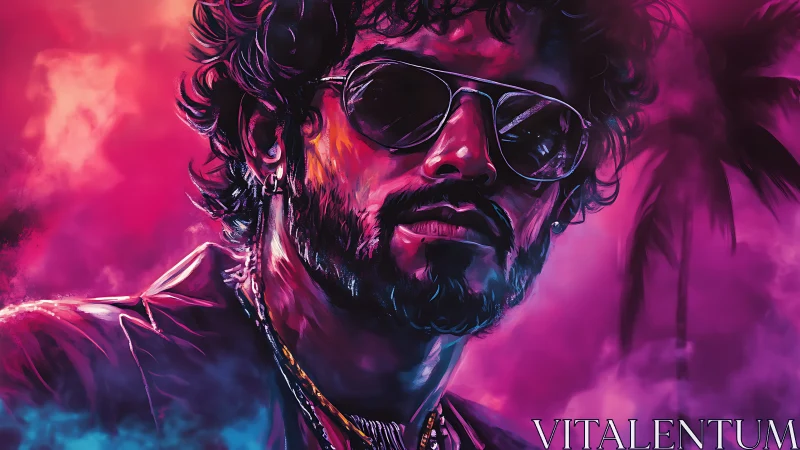 Neon soaked portrait of cool man in sunglasses at night.