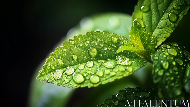 Macro view of green leaves with water droplets present.
