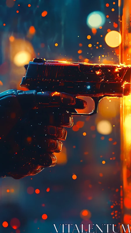 Cybernetic pistol muzzle flash against neon-lit urban panel
