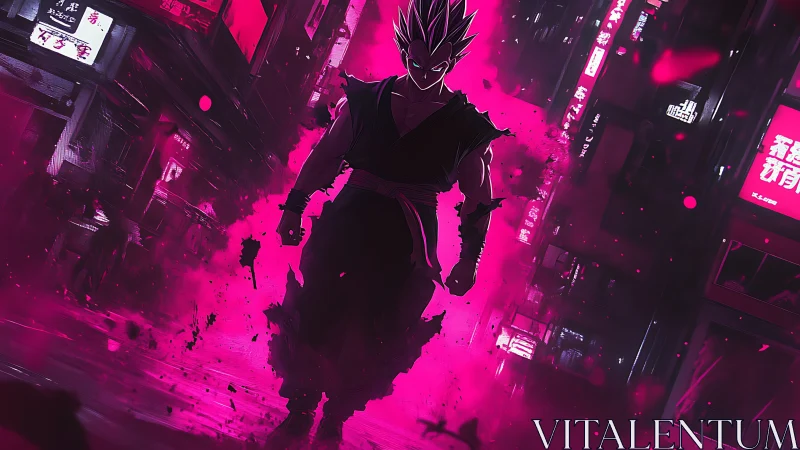 Neon-charged anime warrior strides through cyberpunk streetscape