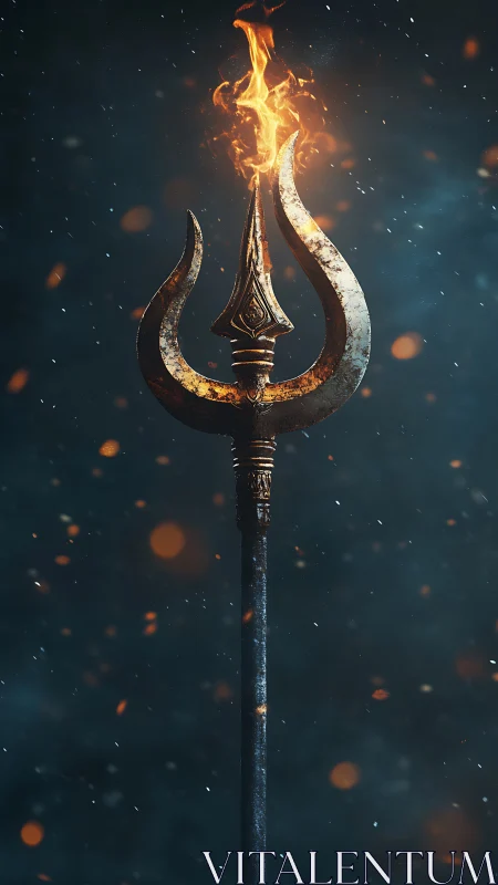 Flaming trident staff rises in a dark, ember filled void
