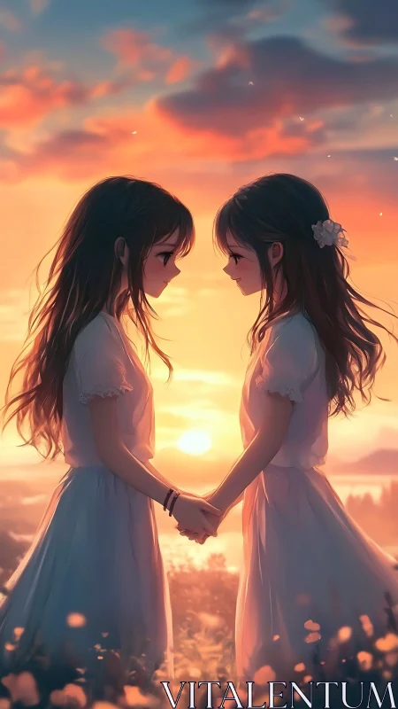 Anime sunset portrait of twin girls in soft focus composition.