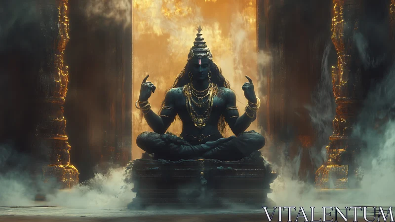 Mystic deity in smoky golden shrine, cinematic lighting.