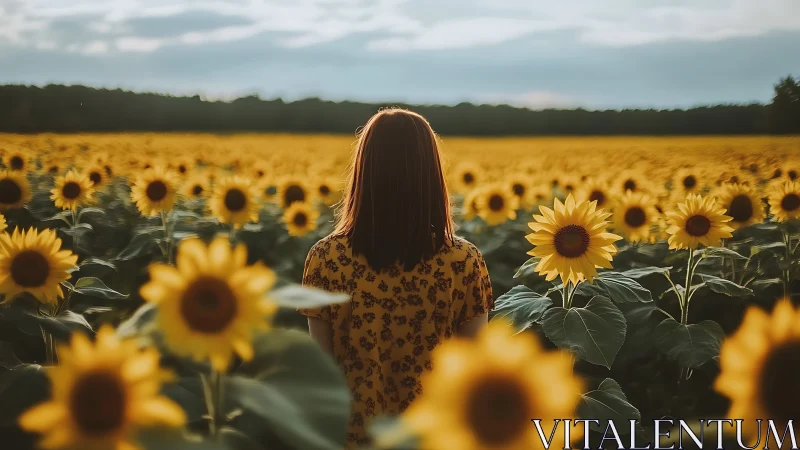 Woman Standing in a Sunflower Field at Sunset, Natural Style.