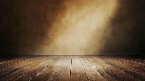 Empty wooden stage under warm studio spotlight glow.