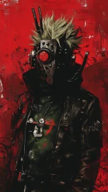 Masked cyberpunk figure against distressed red field.