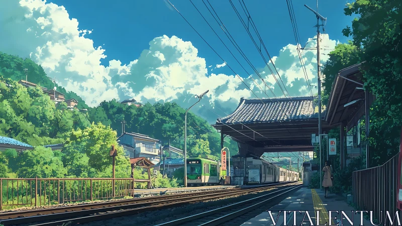 Rural Japanese train station sits under bright summer sky