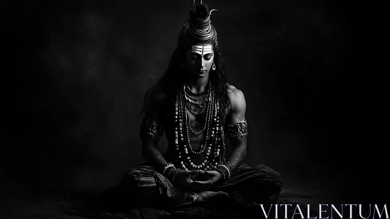 Monochrome meditative deity portrait in dramatic low key.