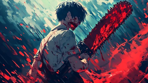 Blood-soaked chainsaw avenger storms through scarlet chaos.