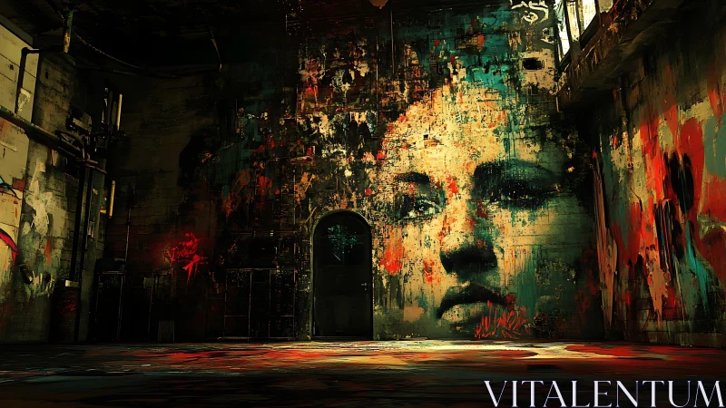 Urban warehouse mural with haunting abstract portrait.