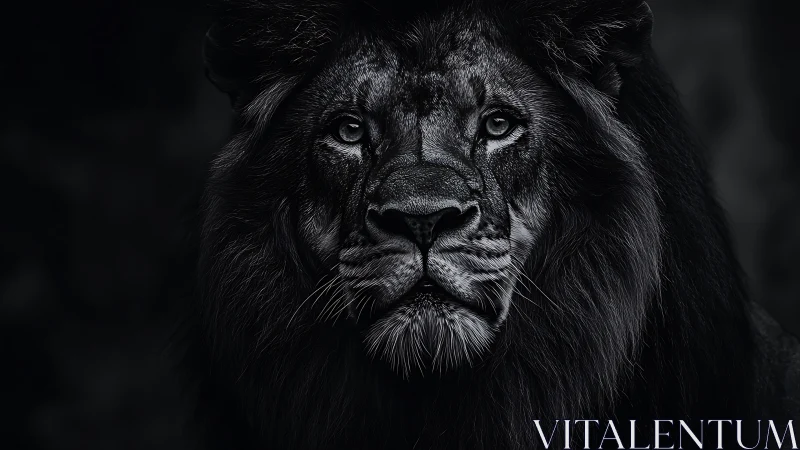 Monochrome frontal portrait of adult male lion in shadowed light.