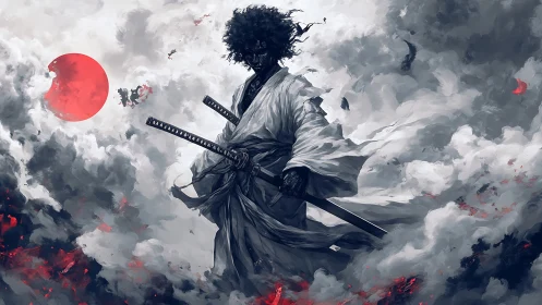 Afro samurai strides through storm clouds with twin katanas.