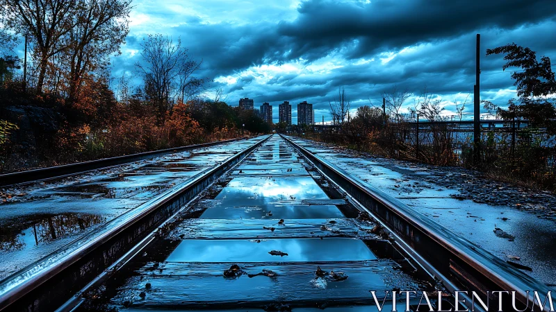 Rain-soaked rails slicing toward a storm-lit city horizon.