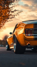 Sunlit muscle car rear angle under warm golden sunset.