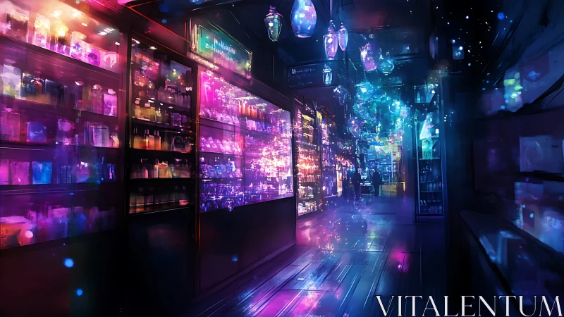 Neon lit corridor with glass shelves and suspended lights.