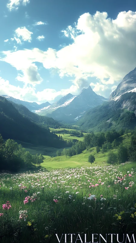 Sunlit alpine valley unfolds beneath distant snowy peaks