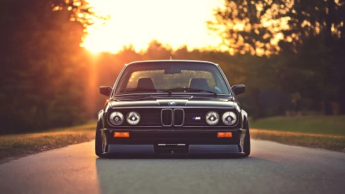 Sunset road idol: slammed classic BMW basking in gold light.