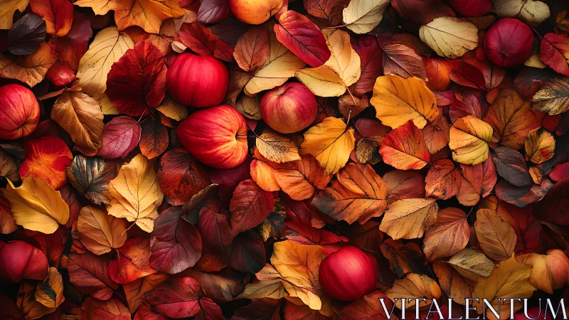 Cozy red apples nestled in a blanket of autumn leaves.