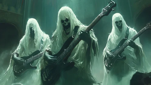 Ghostly bass trio performs spectral concert in green fog