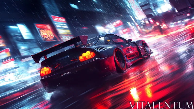 Modified sports car on wet neon city street at night.