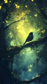 Moonlit forest chorus with glowing butterflies and songbird.