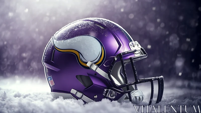 Purple gridiron guardian rests, gleaming in the winter hush