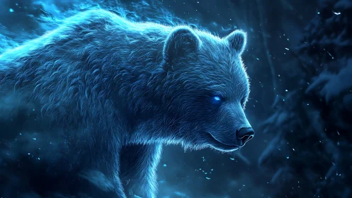 Luminous blue bear advances through nocturnal spectral snowfall
