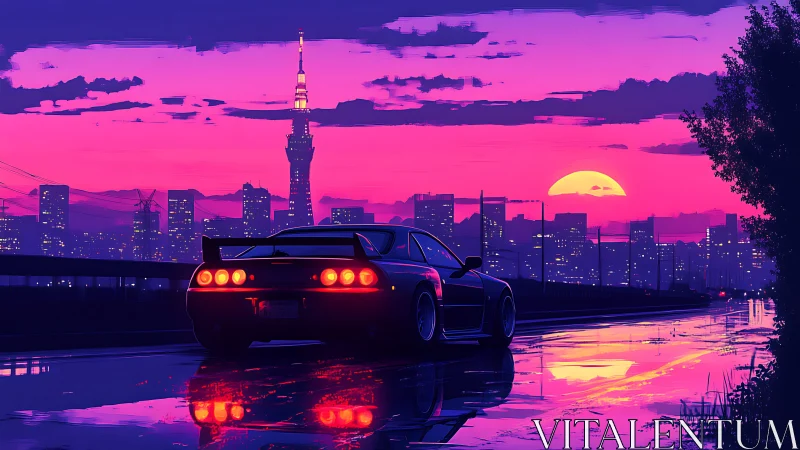 Neon-lit sports car silhouettes against saturated retrofuturist skyline