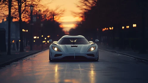 White supercar on wet city street at dusk with headlights on.