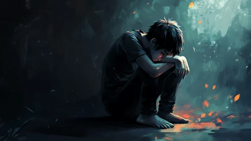 Curled-up boy gathers embers of hope in a painted dusk corner