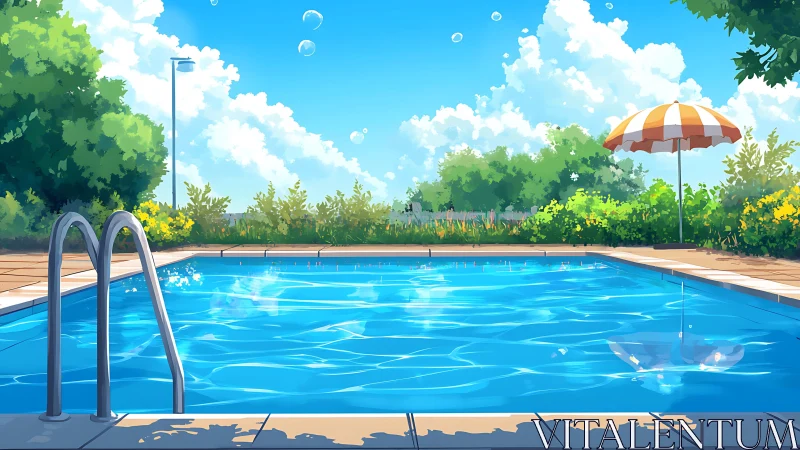 Sunlit suburban poolscape rendered in bright anime style