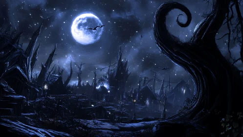 Moonlit landscape displays twisted trees and angular rooftops