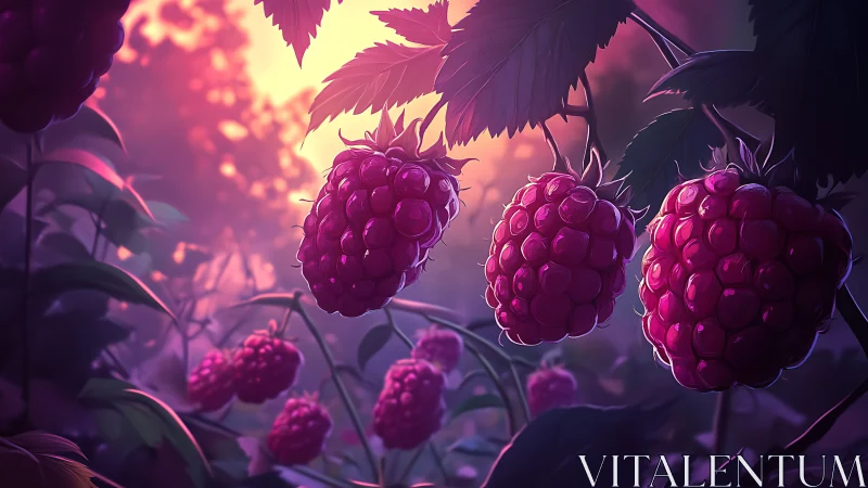 Ripe raspberries hang on leafy canes in directional backlight