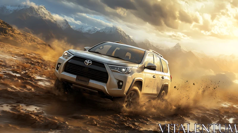 Mid-size 4x4 SUV powers through muddy alpine off-road terrain