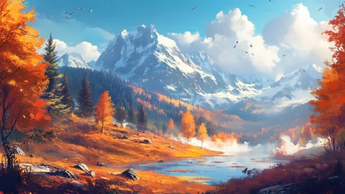 Golden autumn valley beneath bright snowcapped peaks.