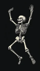 Human skeleton illustration on black background in motion.