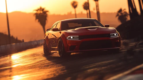 Wet-track muscle car cornering under low-angle sunset lighting