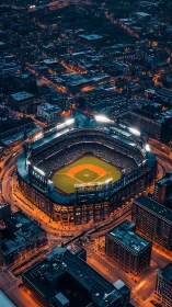Night baseball stadium glows within dense urban skyline.